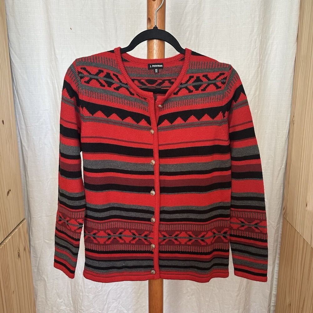 J. Peterman Wool Cashmere Blend Cardigan Fair Isle Women's XS Red Holiday Nordic